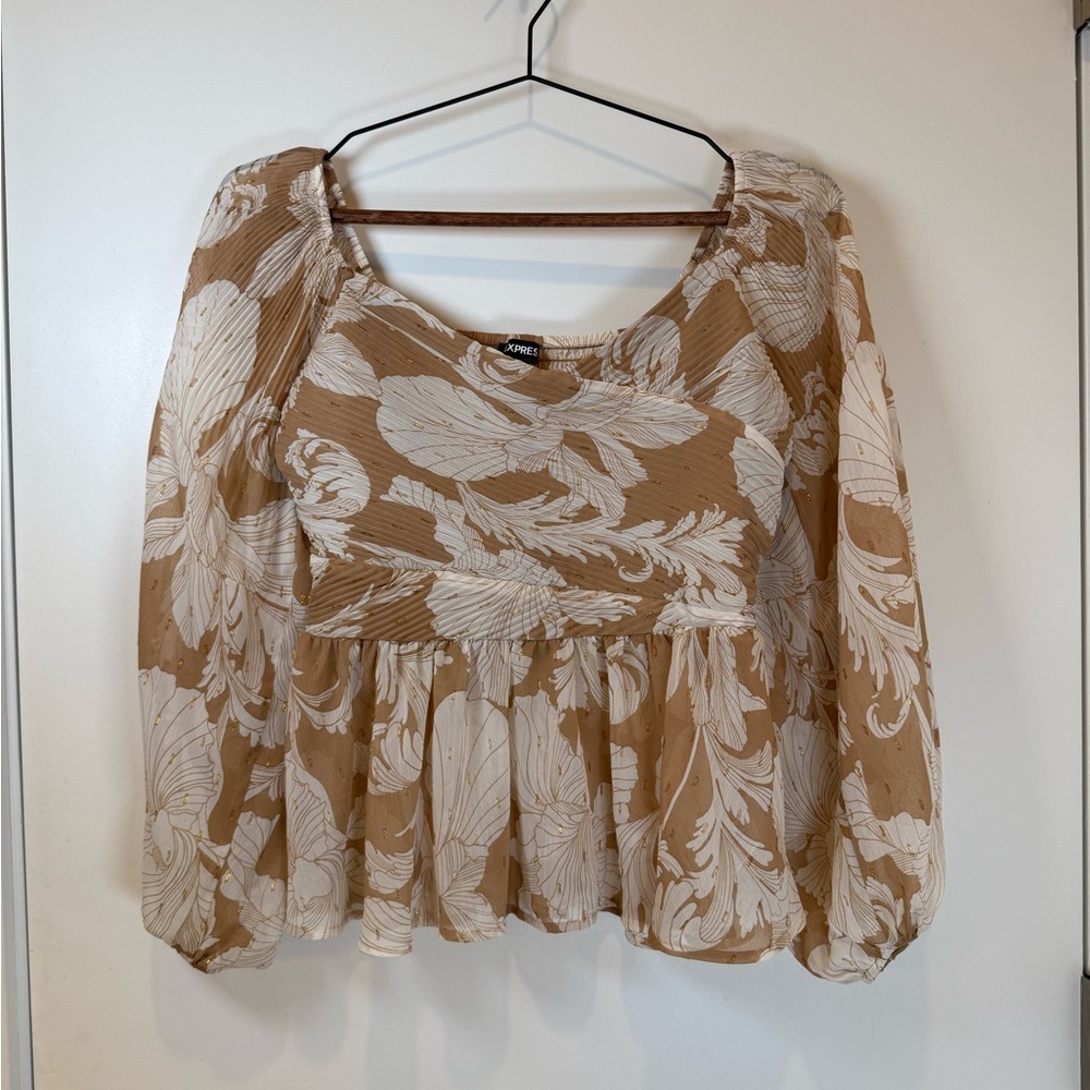 *Donating 5/30* Express Beige and White Floral Peplum Blouse